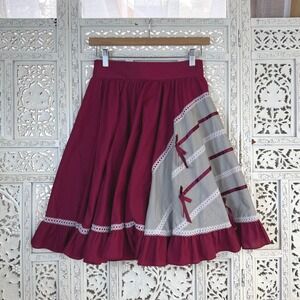 Vtg Red Lace Ruffle Flowy Skirt Sz XS Prairie Milkmaid Twee Romantic Cottage